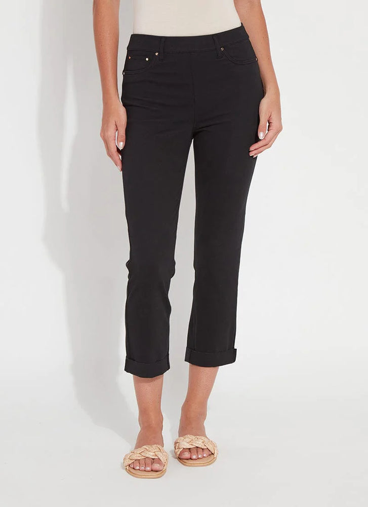 Front image of Lysse Emmy Straight Leg pant. Black cropped bottoms. 