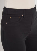 Front detail image of Lysse Emmy Straight Leg pant. Black cropped bottoms. 