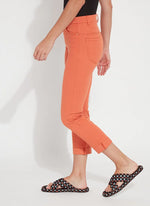 Side image of Lysse emmy straight leg pant in vibrant apricot. 