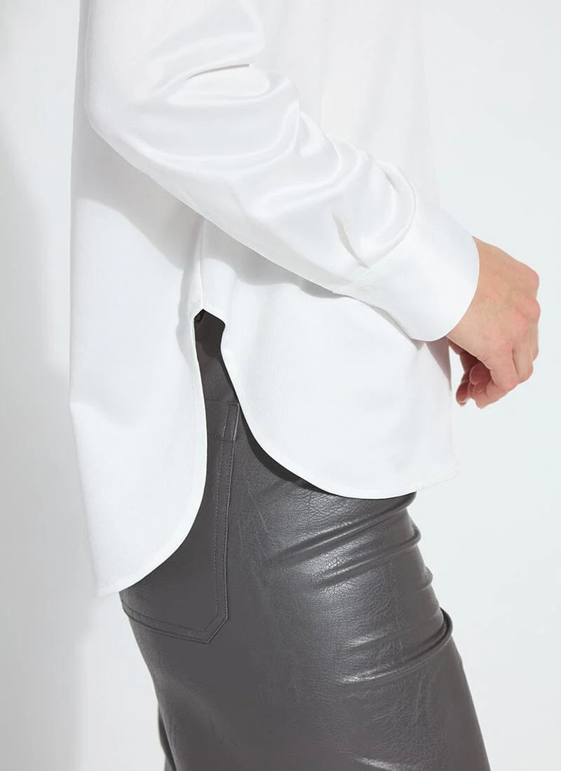 Side detail image of Lysse aurora beaded satin shirt in off white. 