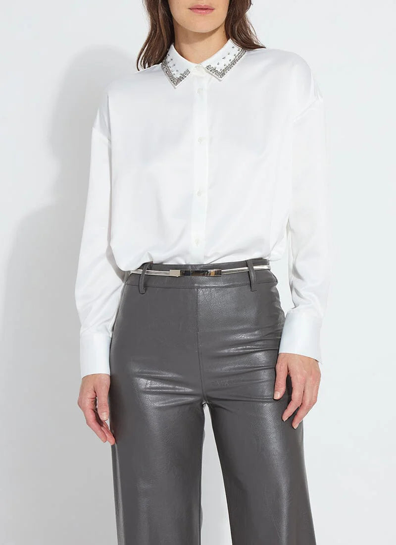 Front image of Lysse aurora beaded satin shirt in off white. 