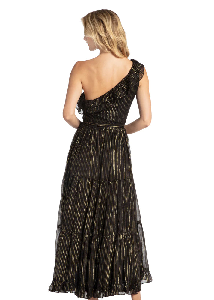 Back image of Cabana Life one shoulder maxi dress. Black metallic dress. 