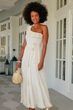 Front image of Cabana Life ivory metallic one shoulder dress. 