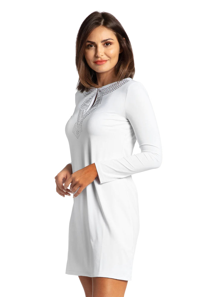 Front image of Cabana Life long sleeve keyhole dress. White and silver details. 