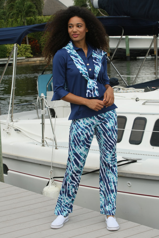 Front image of AnaClare Cherie printed pant. Blue animal printed pants. 