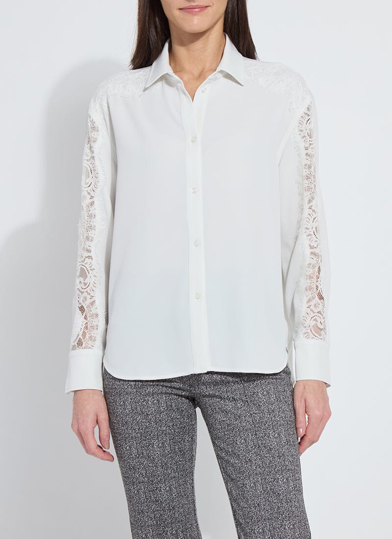 Front image of Lysse Natasha Lace Trim Shirt in ice white. 