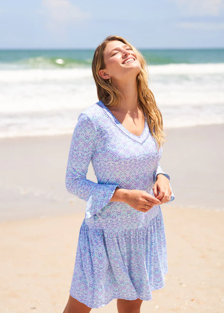Front image of Cabana Life drop waist dress. Naples blue printed dress. 