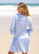 Back image of Cabana Life drop waist dress. Naples blue printed dress. 