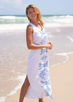 Front image of Cabana Life side slit maxi dress. White with blue detail sleeveless dress. 