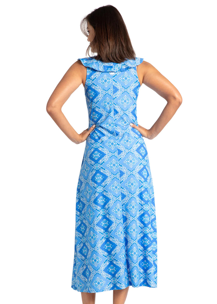 Back image of Cabana Life v-neck ruffle maxi dress. Windermere blue printed sleeveless dress. 