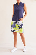 Front image of Tribal pull on skort with pockets in lime print. Pull on floral printed skort. 