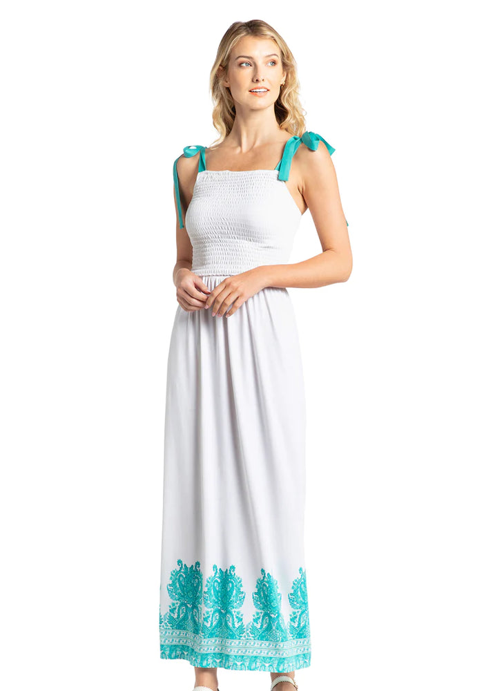 Front image of Cabana Life white midi dress. Long sleeveless white dress. 