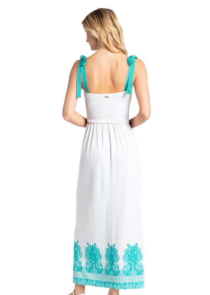 Back image of Cabana Life white midi dress. Long sleeveless white dress. 