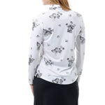 Back image of SanSoleil printed monarch long sleeve top. White and black printed top. 