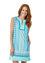 Front image of Cabana Life sleeveless fringe tunic dress. Coastal blue printed dress. 