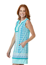 Side image of Cabana Life sleeveless fringe tunic dress. Coastal blue printed dress. 