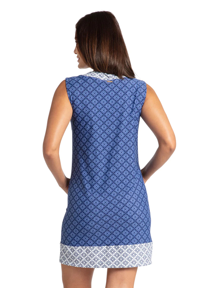 Back image of Cabana Life sleeveless tunic dress. Blue printed sleeveless dress. 