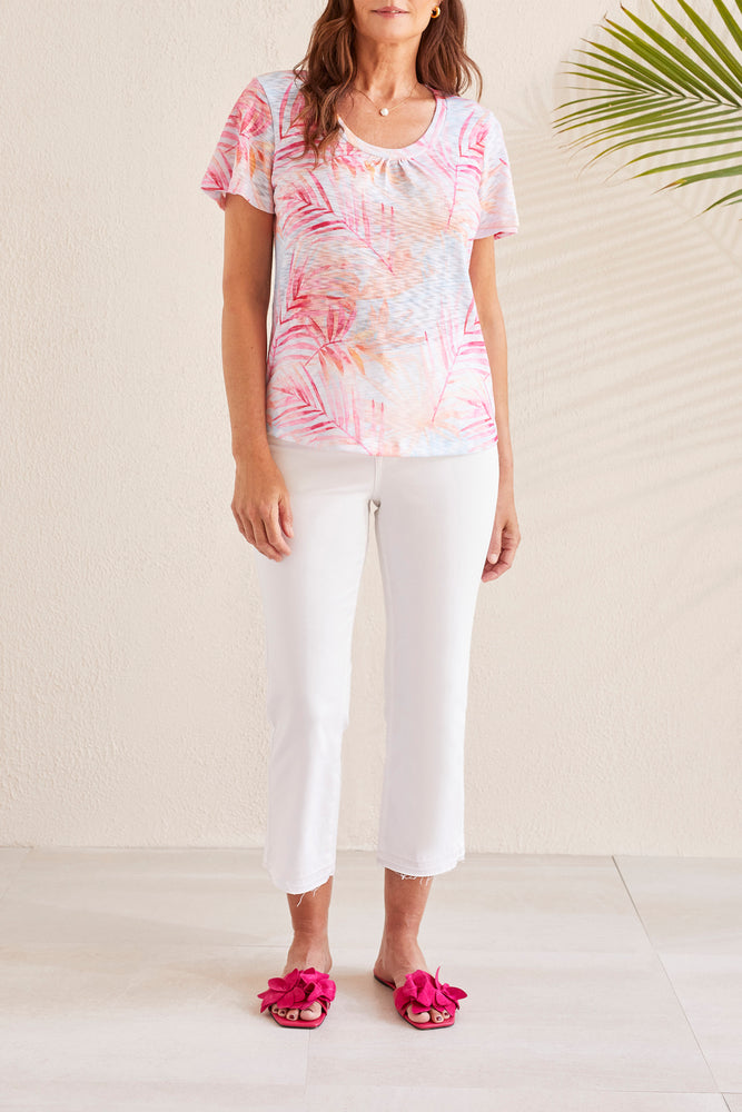 Front View Pink and white Flutter Sleeve Print Top