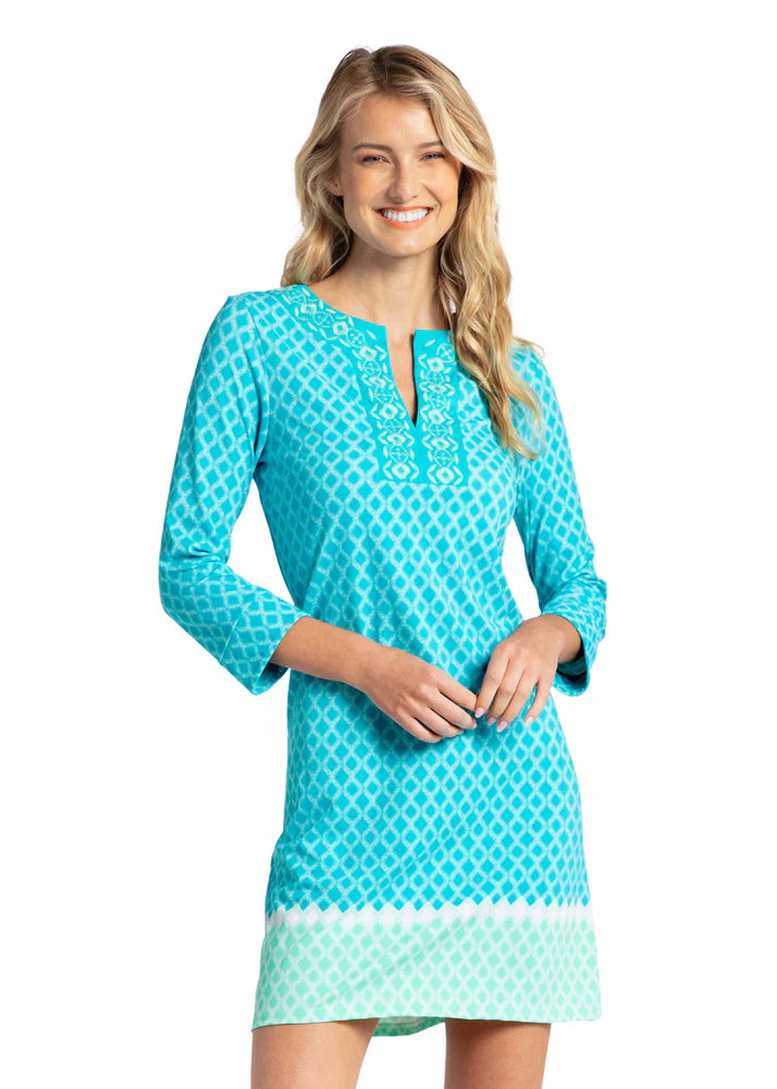 Front image of Cabana Life Embroidered tunic dress. Blue printed summer dress. 