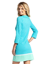 Back image of Cabana Life Embroidered tunic dress. Blue printed summer dress. 