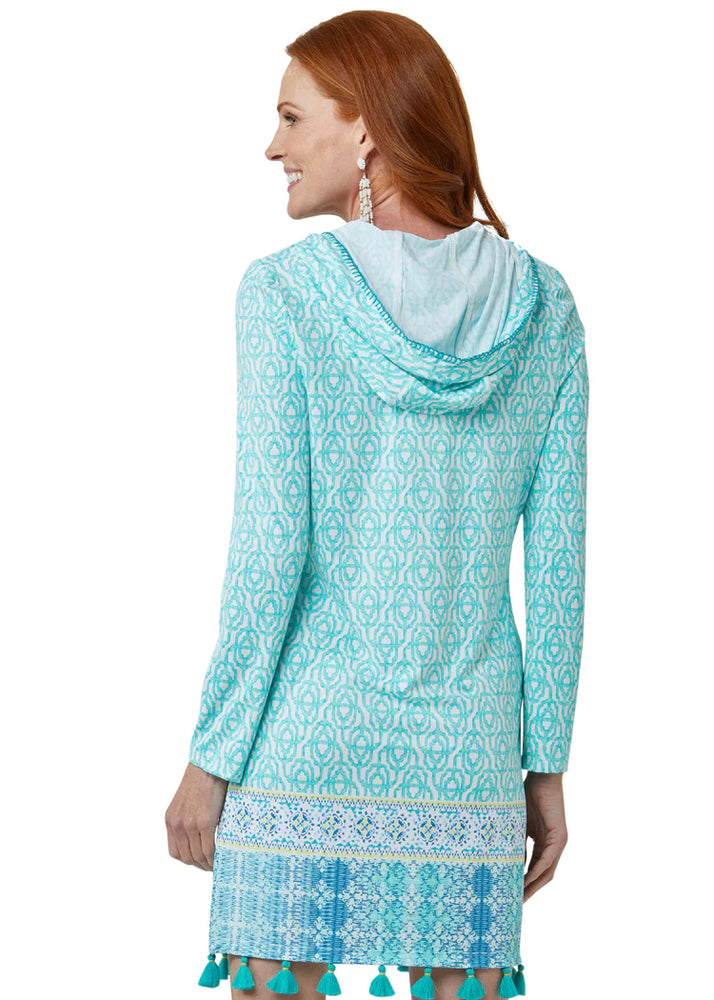 Back image of Cabana Life hooded cover up. Coastal Cottage hooded cover up with tassels.  