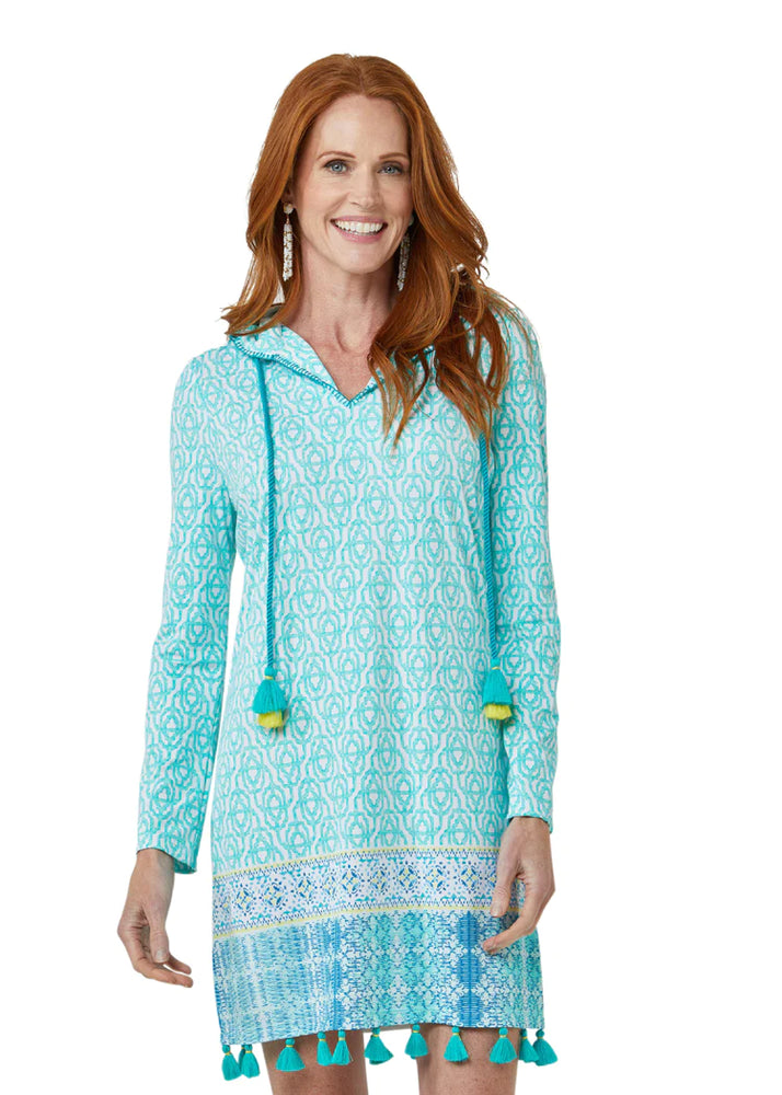 Front image of Cabana Life hooded cover up. Coastal Cottage hooded cover up with tassels.  
