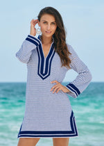 Front image of Cabana Life terry tunic in navy stripe. Long sleeve summer dress. 