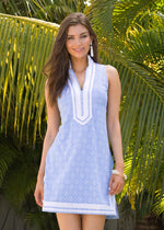 Front image of Cabana Life Sleeveless Tunic Dress. West indies blue printed dress. 