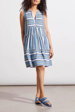 Front image of Tribal blue pattern sleeveless tiered dress. 