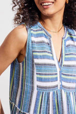 Front detail image of Tribal blue pattern sleeveless tiered dress. 
