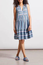 Front image of Tribal blue pattern sleeveless tiered dress. 