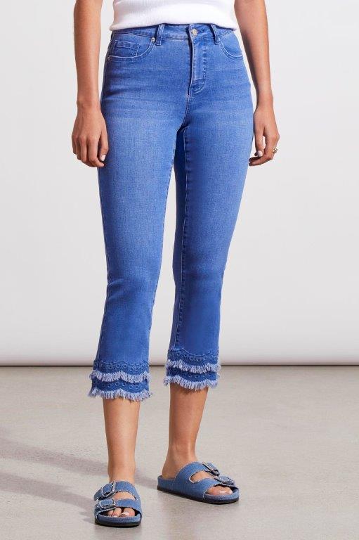 Front image of Tribal pull on audrey embroidered cropped denim bottoms. 