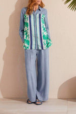 Front image of Tribal button front mixed media shirt. Long sleeve chambray and print top. 