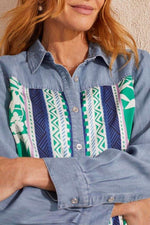 Front detail image of Tribal button front mixed media shirt. Long sleeve chambray and print top. 