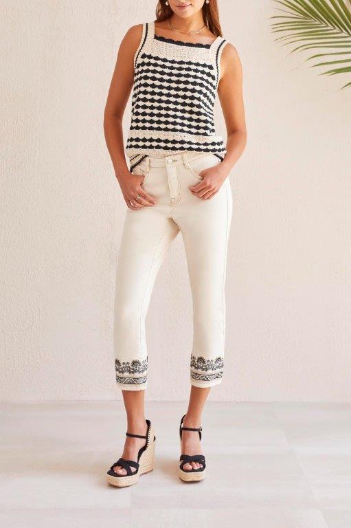 Front image of Tribal audrey straight leg cropped bottoms in black and white. 