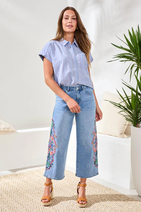 Front Full Body View Image of Patchington  Audrey 25" Crop Embroidered Jean in Desert Blue