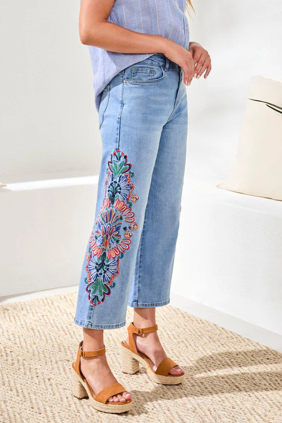 Side View Image of Patchington  Audrey 25" Crop Embroidered Jean in Desert Blue