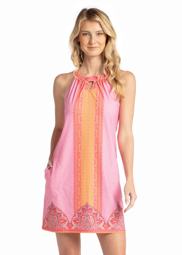 Front image of Cabana Life sleeveless shift dress. Boca raton printed dress. 