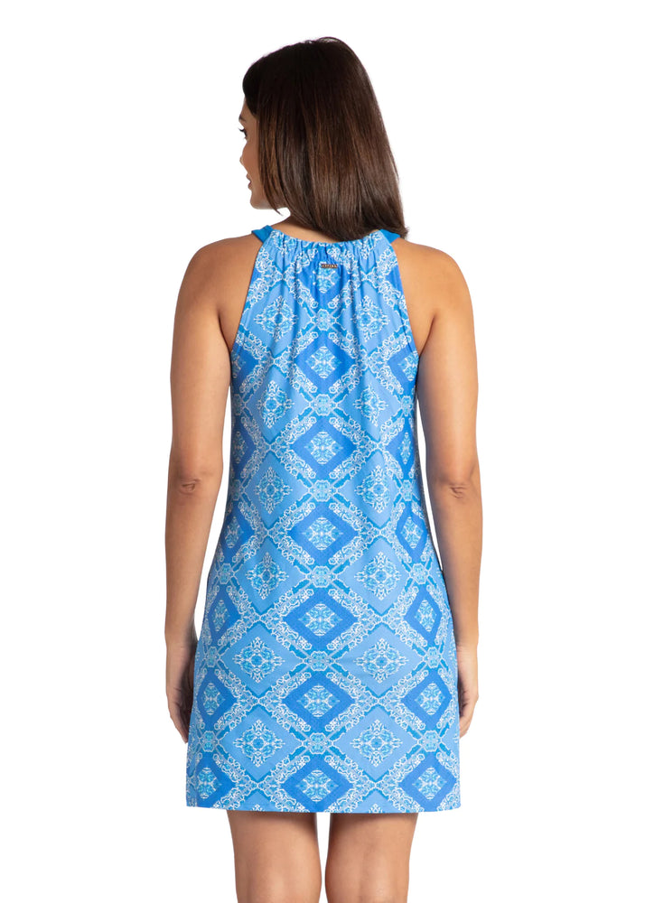 Back image of Cabana Life Sleeveless Shift Dress. Blue printed summertime dress. 