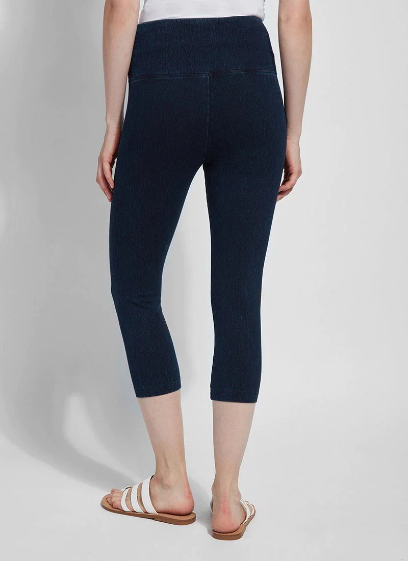 Back image of Lysse denim capri in indigo blue. 