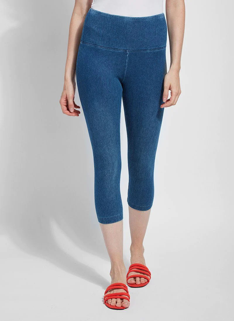 Front image of Lysse denim capri in mid wash blue. 