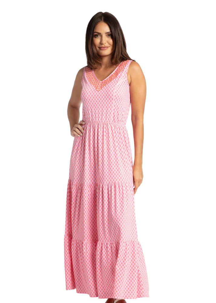 Front image of Cabana Life Tiered Maxi Dress. Boca Raton coral maxi dress. 