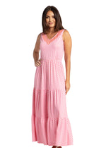 Front image of Cabana Life Tiered Maxi Dress. Boca Raton coral maxi dress. 