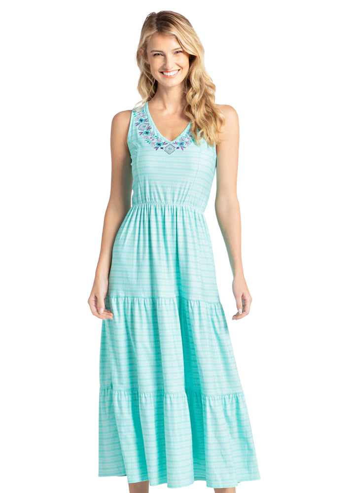 Front image of Cabana Life tiered maxi dress. Blue striped summer dress. 
