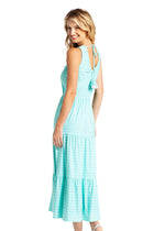 Side image of Cabana Life tiered maxi dress. Blue striped summer dress. 