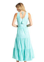 Back image of Cabana Life tiered maxi dress. Blue striped summer dress. 