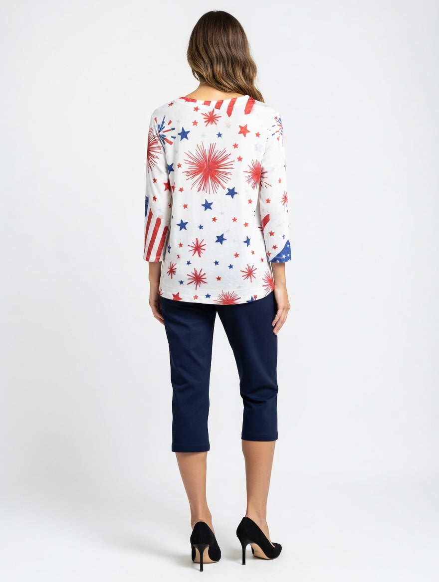 3/4 Sleeve V-Neck Print Top