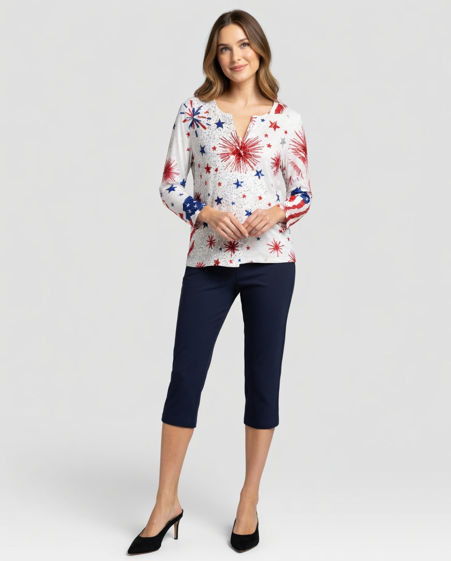 3/4 Sleeve V-Neck Print Top