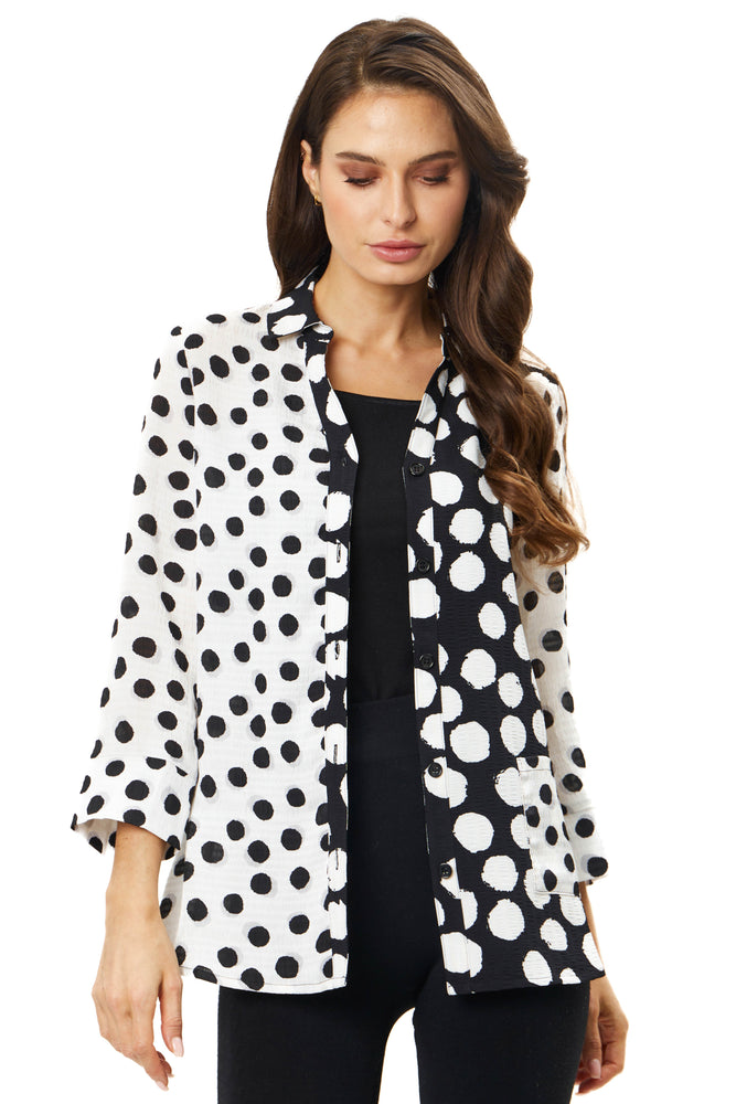 Front view button down black and white polka dot top
