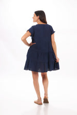 Back image of giocam navy blue button front dress. Short sleeve dress with pockets. 